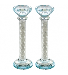 Bougeoirs Cristal 21cm - Bleu Clair avec Pierres Décoratives