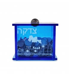 Boîte Tsédaka en acrylique bleu, motif train