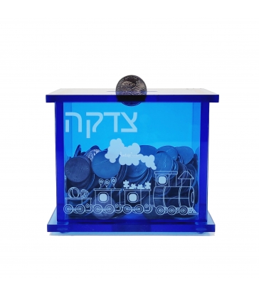 Boîte Tsédaka en acrylique bleu, motif train